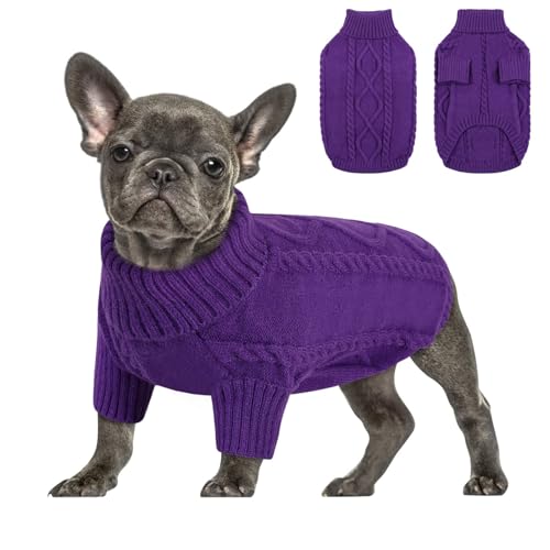 Queenmore Hundepulli Für Kleine Hunde Wärme Hundepullover Dackel Pullover Hund Strickmantel Mit Zopfmuster Hundepullover Französische Bulldogge Bulldog Chihuahua Katzen Corgi, Lila, S von Queenmore