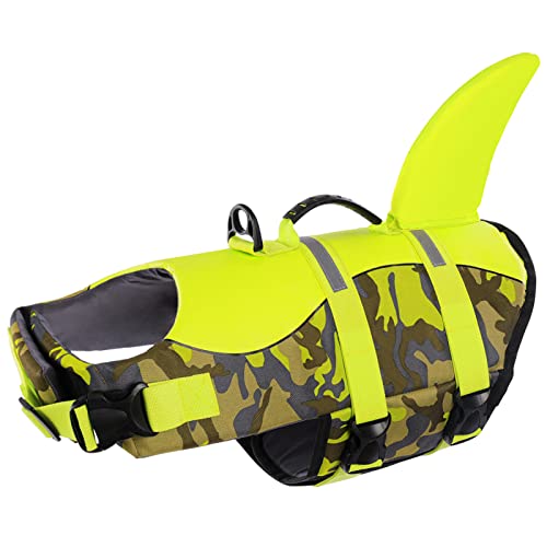 Queenmore Schwimmweste Hund Einstellbare Hunde Schwimmweste, Ripstop Rettungsweste mit hohem Auftrieb und langlebigem Rettungsgriff für Hund für kleine mittlere Hunde, (GreenCamo, M) von Queenmore