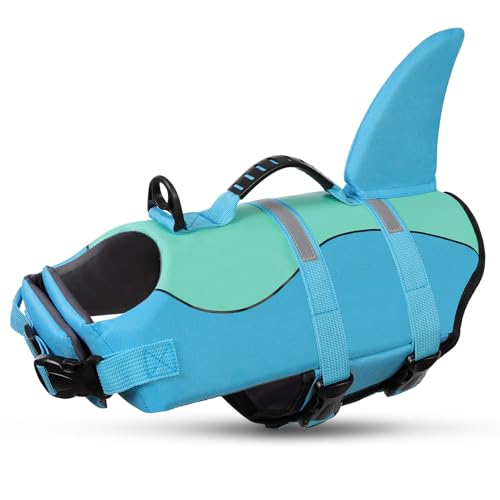 Queenmore Shark Hundeschwimmweste, Hundeschwimmwesten für Bootfahren, hochschwimmende Haustier-Schwimmweste zum Schwimmen, verstellbar, einfach anzuziehende Katzen-Schwimmwesten für kleine, von Queenmore