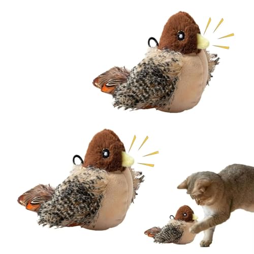 Quesardens 2025 Interaktives Katzenspielzeug Vogel, simuliertes zwitscherndes Vogel-Katzenspielzeug, Katzenspielzeug mit flatterndem Vogel, Plüsch-Vogel-Katzenspielzeug(Without Remote Control,2pcs) von Quesardens