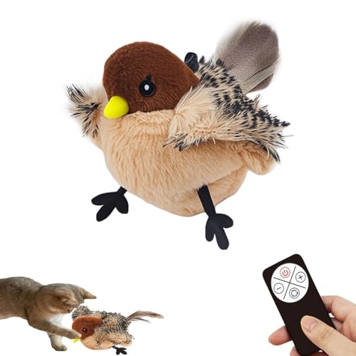 Quesardens 2025 Interaktives Katzenspielzeug Vogel, simuliertes zwitscherndes Vogel-Katzenspielzeug, Katzenspielzeug mit flatterndem Vogel, Plüsch-Vogel-Katzenspielzeug(with Remote Control,1pc) von Quesardens