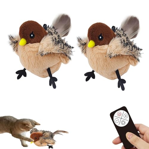 Quesardens 2025 Interaktives Katzenspielzeug Vogel, simuliertes zwitscherndes Vogel-Katzenspielzeug, Katzenspielzeug mit flatterndem Vogel, Plüsch-Vogel-Katzenspielzeug(with Remote Control,2pcs) von Quesardens