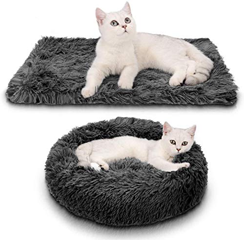 Queta Hundebett Flauschig Katzenbett mit Matte, Sofa Haustier Kissen Universal Hundekissen Hundekorb, Maschine waschbar, weiches Langer Plüsch Bett 50 cm Durchmesser, Matte 56 * 36 cm (Dunkelgrau) von Queta