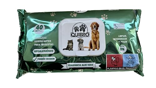 Quibropets Feuchttücher mit Aloe für die Pfotenhygiene von Hunden und Katzen, gründliche und effektive Reinigung in einem Schritt, Pfotenreiniger für Haustiere, 40 Stück von Quibropets