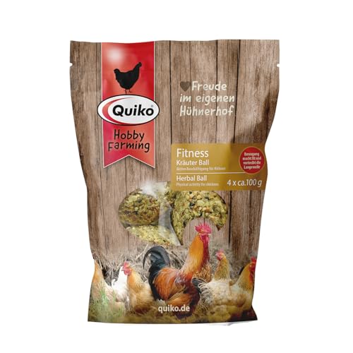 Quiko Hobby Farming Fitness Kräuter Ball 4X 100g - Hühner Beschäftigung - Bunter Fitness Ball aus schmackhaften Kräutern und Leckereien - Fördert das natürliche Pickverhalten Ihrer Hühner von Quiko