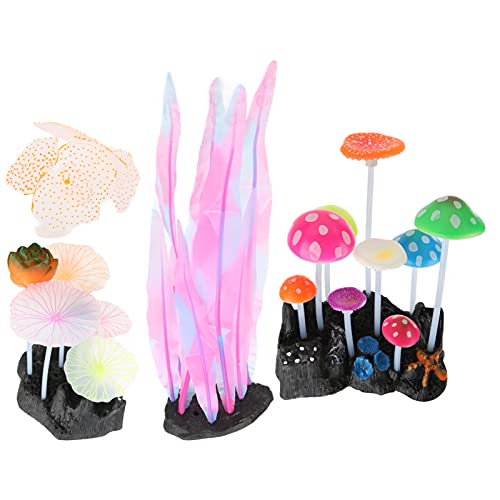 Qukaim Aquarium Glow Dekorationen Pflanze Simulation Pilze Aquarium Dekoration Korallenpilz Weiche Silikon Glow Pflanze 4 Pack von Qukaim