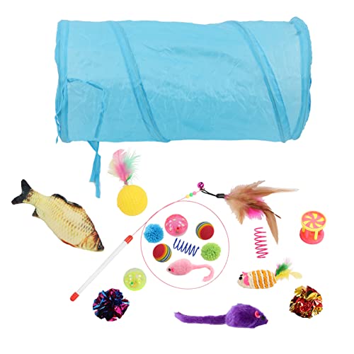 Qukaim Cat Supplies Katzenspielzeug Set, Interaktiver Katzentunnel, Teasing Stick, Glockenball, Sisalmaus, Simulierter Fisch für Indoor-Katzen von Qukaim