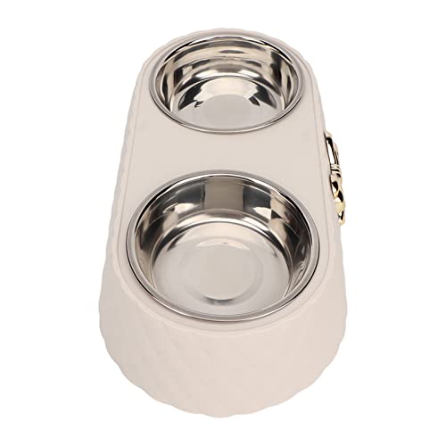 Qukaim Edelstahl Katzenfutter Wassernäpfe Doppel Haustier Näpfe, Edelstahl Hundefutter Wasserschalen mit Bowknot Dekor Halter, Rutschfestes Design, Beige, Ideal für Katzen und Hunde von Qukaim