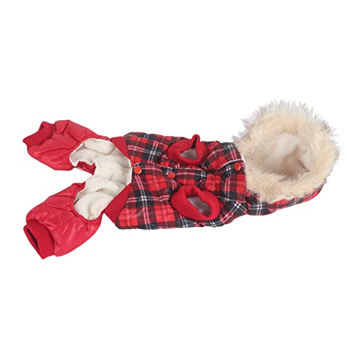 Qukaim Haustier-Winter-Kapuzenkleidung, Hunde-Wintermantel, dickes Polyester-Fleece, gepolstert, kariert, warme Kleidung für kleine Hunde, Rot, Größe L von Qukaim