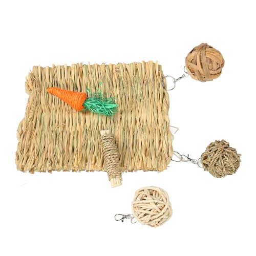 Qukaim Kaninchen Gras Matand Ball Spielzeug Hamster Kauspielzeug Set, Gewebte Grasmatte und Ball Spielzeug für Kleintiere, Ideal für Meerschweinchen und Papageien, Lindert Langeweile und von Qukaim