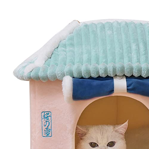 Qukaim Katzenhöhlenbett Katzenhausbett mit abnehmbarem warmem Kissen, quadratische Form Haustierhöhle für Hundekaninchen, marineblauer Vorhang von Qukaim