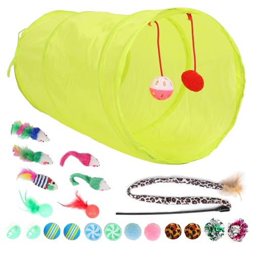 Qukaim Kitten Toys Set Katzenfederspielzeug Set, Interaktives Katzenspielzeug Kit mit Tunnel, Katzenstab, Bälle, Glocken und Mäuse für Kätzchen und Katzen, Sortierte Spielartikel von Qukaim