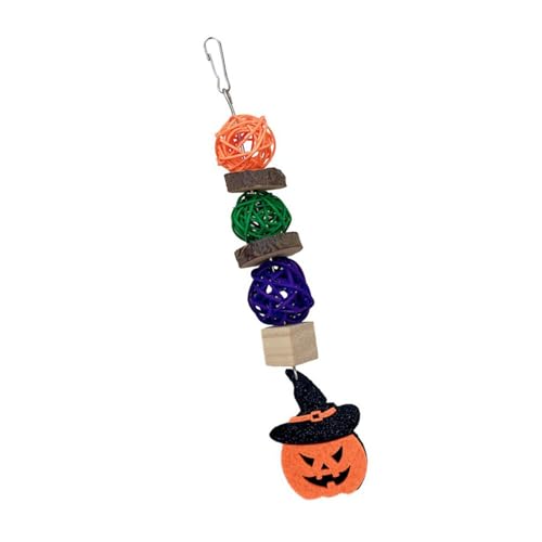 Qukaim Papageienspielzeug Halloween Vogel Kauspielzeug Holz Rattan Ball Schnabelschleifer Papagei Käfig Hängespielzeug mit Kürbis Dekor für Sittiche Hut Kürbis von Qukaim