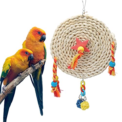 Qukaim Papageienspielzeug Papagei Stroh Geflochtener Holzblock Vogel Kauspielzeug Hängeschaukel Vogelkäfig Zubehör (L) von Qukaim
