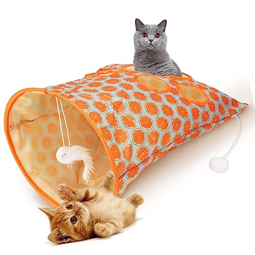 Qukaim Pet Drill Bucket Cat Tunnel Bag with Plush Balls, Foldable 5-Loch Interactive Crinkle Sounds Pet Drill Bucket for Cats Kittens, Orange von Qukaim