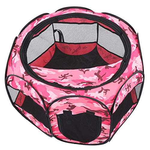 Qukaim Pet Laufstall Faltbarer Haustier-Laufstall, Mesh Open Air Übungsstall Zelt für Hunde und Katzen, Rosa Camouflage, mittlere Größe, ideal für den Innen- und Außenbereich von Qukaim