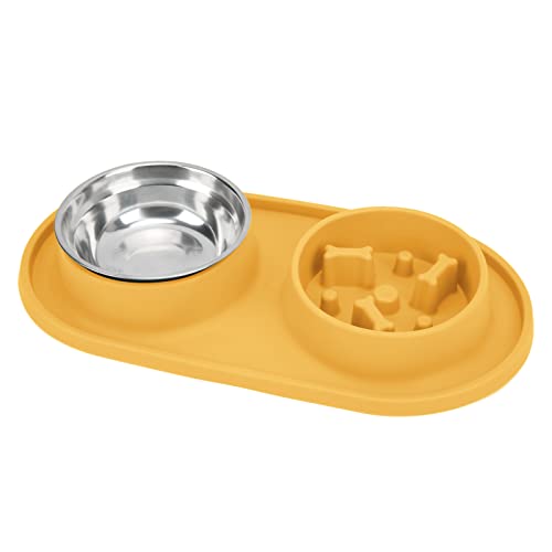 Qukaim Pet Slow Food Bowl Anti-Skid Double Pet Bowls for Dogs and Cats, Yellow Silicone Mat with Stainless Steel Water Bowl, Slow Feeder Dog Bowl von Qukaim