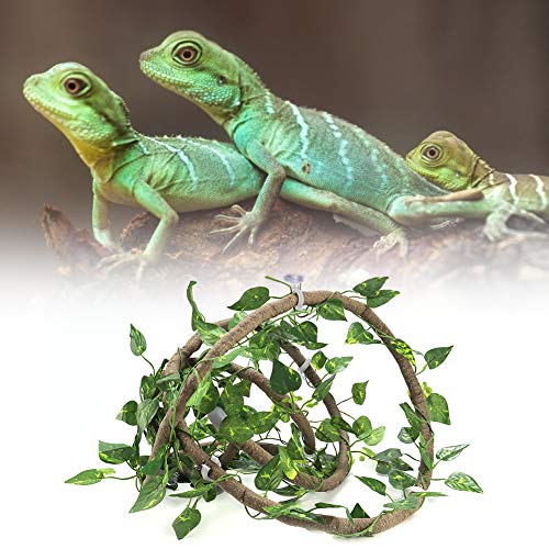 Qukaim Reptile Habitat Decor Reptile Climbing Branch, Flexible Dschungel Rattan 3.0 m mit Scindapsus Blättern, Ideale Lebensraumdekoration für Reptilien, lebensechte Rattanrebe, 3 Reben von Qukaim