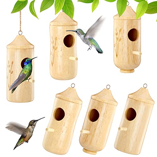 6 Stück Kolibri-Vogelhaus zum Aufhängen im Freien, natürliches Holz-Kolibri-Nest, schwingendes Kolibri-Vogelnest mit Hanfseilen für Garten, Outdoor, Fenster, Heimdekoration, Gartenarbeit, Geschenke von Qunclay