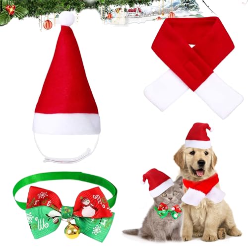 Weihnachtskostüm Hund, Hund Katzen Weihnachtsmütze, Haustier Justierbare Weihnachtsmütze, Hund Weihnachten Kostüm, Weihnachten Katzenkostüm Hundekostüm Weihnachtsmütze Fliege Halsband Halstuch von Qunkun