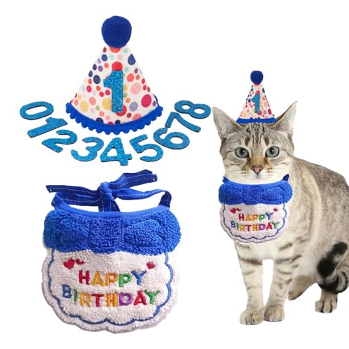 Qurygin Alles Gute zum Geburtstag Katzenkostüm, Katzen-Geburtstagskostüm | Katzen-Geburtstagshalsband,Mini-Hündchen-Katzen-Geburtstagshut, Katzen-Par -Dekorationen, süße Festliche Katzenkleidung für von Qurygin