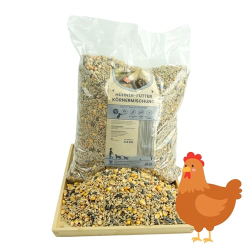 R&M Hühnerfutter 4,5 KG I Premium Körnerfutter mit Extra Sonnenblumenkernen I Geeignet für alle Geflügelarten I 100% Naturprodukt I Vegan & Gentechnikfrei I Zuckerfrei I Mit Muschelkalk von R&M Futter und Lebensmittel GmbH