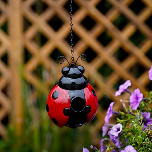 Marienkäfer-förmiges hängendes Vogelhaus for den Außenbereich, 7,7 Zoll Metall, dekoratives Kolibri-Haus, wetterfest, wildes Vogelhaus, Kunst-Vogelnest for Garten, Terrasse, Heimdekoration/66 (Color von RAHYMA