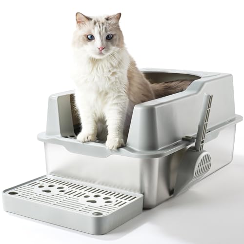 Katzenklo Edelstahl XXL(60×40×29cm) 25L Katzentoilette Großes Kapazität Cat Litter Box Abnehmbare Katzenklo Metall Mit Pedals Katzenstreuschaufel 11 Zoll tief (Edelstahl Silber) von RAIKOU