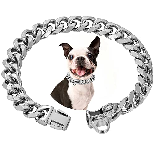 Hundehalsband aus Edelstahl mit Sicherheitsschnallenschloss, 18 K kubanische Gliederkette, Trainingshalsband, 15 mm stark, robust, kaufest, für kleine, mittelgroße und große Hunde von RAIWAV