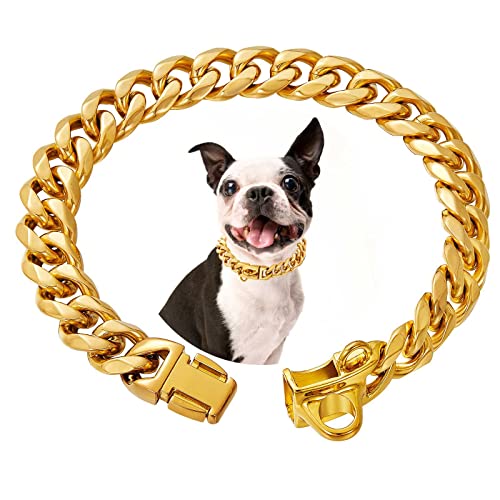 Hundehalsband aus Edelstahl mit Sicherheitsschnallenschloss, 18 K kubanische Gliederkette, Trainingshalsband, 15 mm stark, robust, kaufest, für kleine, mittelgroße und große Hunde von RAIWAV