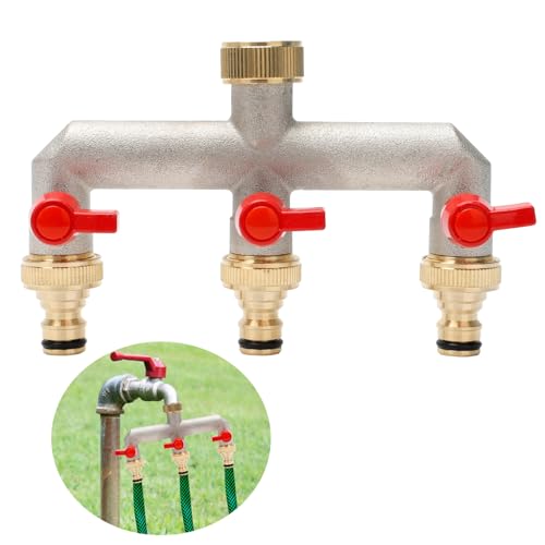 RANJIMA 3-Wege Wasserhahn Wasserverteiler,Verteiler Wasser 3/4 Zoll Messing Wasseranschluss Verteile Gartenschläuche,Wasserhahn Adapter mit Kugelhahn zum Einstellen,für Waschmaschine,Rasen Wasserhähne von RANJIMA