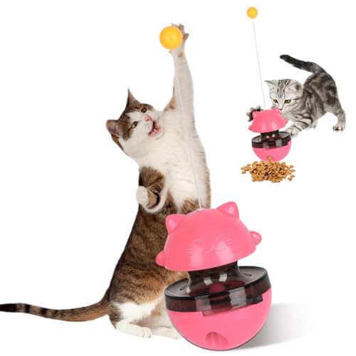 RANJIMA Interaktives Katzen Spielzeug, Katzenspielzeug für Hauskatzen, 3 in 1 Federspielzeug Katze Katzenfutterspender Spielzeug, Futterspender, Katzenspielzeug mit Spielzeug Futterautomat (Rosa) von RANJIMA