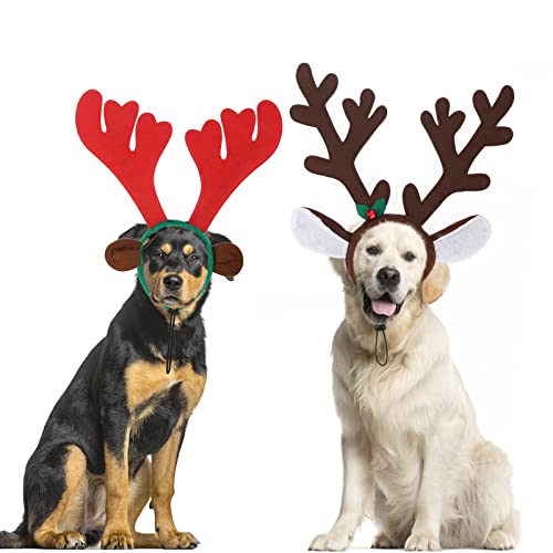 RANYPET 2 Packungen Hund Weihnachten Rentier Geweih Stirnbänder Set Haustier Weihnachten Kostüm Zubehör Kopfbedeckung für mittelgroße und große Hunde von RANYPET