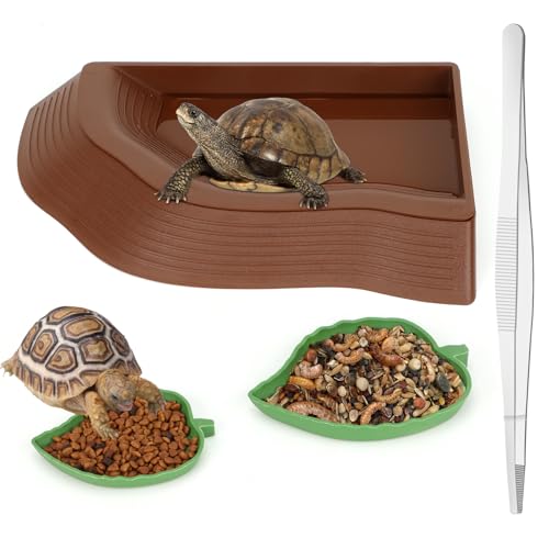 RANYPET 4 in 1 SchildkröTen Wasserschale Set, SchildkröTen Terrarium Zubehör mit 2X Blattförmige Futterschale für Reptilien, 1 Wasserschale mit Rampe und 1 Metallpinzette,Terrarium zubehör von RANYPET