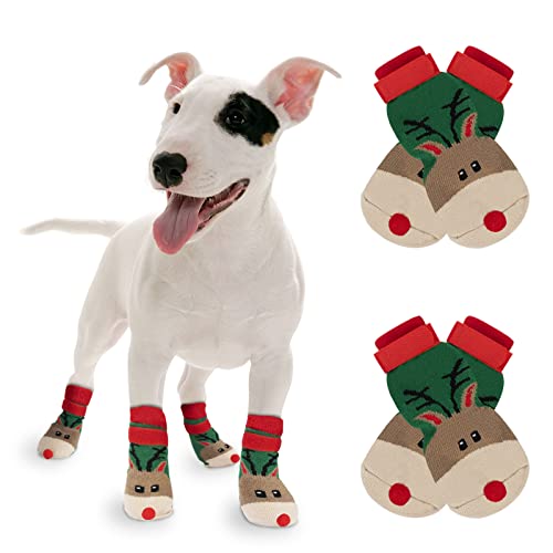 RANYPET Weihnachts-Hundesocken, 2 Paar, rutschfeste Hunde-Socken mit verstellbaren Riemen, Traktionskontrolle für Hartholzböden, Haustierpfotenschutz für kleine, mittelgroße und große Hunde, M von RANYPET