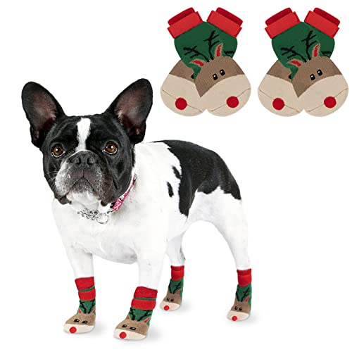 RANYPET Weihnachts-Hundesocken, 2 Paar, rutschfeste Hunde-Socken mit verstellbaren Riemen, Traktionskontrolle für Hartholzböden, Haustierpfotenschutz für kleine, mittelgroße und große Hunde, S von RANYPET