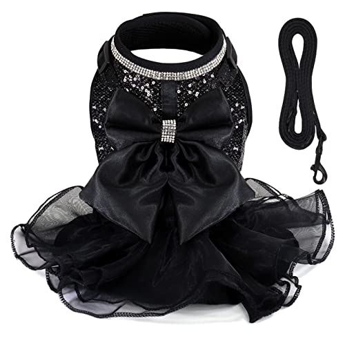 RARIDA Haustier Brustgeschirre Rosa Katzenkleid Kleine Hunde Katzen Sommerkleider mit niedlichem Bowknot Bling Strass Zubehör Nylon Haustier Weste Geschirr und Leine (Color : Black, Size : S) von RARIDA