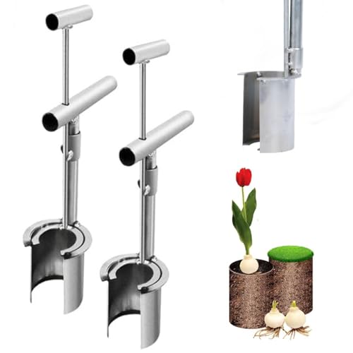 Blumenzwiebel-Pflanzwerkzeug,Blumenzwiebelpflanzer Mit Langem Griff Düngerstreuer Handstreuer Für Rasendünger Zum Graben,Jäten,Bodenprobene,Bulb Planter Tool,Carbon Steel Seed Planting Tools (2PCS) von RARIHUOZY