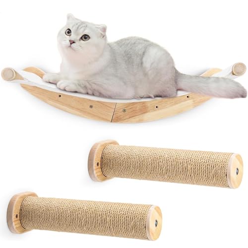 Katzenhängematte Wand,Katzenbretter Für Die Wand,Cat Bed for Climbing Made of Natural Wood(Beige),Ultra-Stabil,Mit Schlafbereich,Geeignet Für Alle Katzen Und Kätzchen in Der Richtigen Größe,3 PCS von RATSTONE