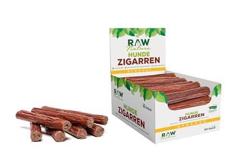 RAW Nature Hunde-Zigarre Strauß PUR 60-Stück - 100% natürliches Hundesnack - Monoprotein - hypoallergen & getreidefrei - luftgetrocknetes Straußenfleisch - Dörrfleisch - hochwertiges Muskelfleisch von RAW Nature