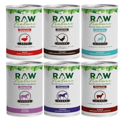 RAW Nature | Nassfutter für Hunde | getreidefrei | Monoprotein | Hohe Fleischanteil | Alleinfuttermittel (6X 400g, Mix-Pack) von RAW Nature