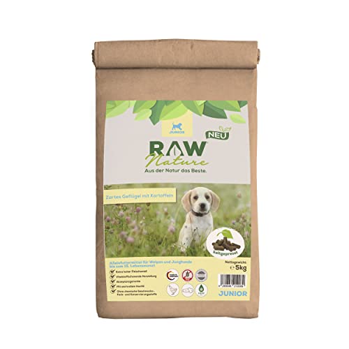 RAW Nature Trockenfutter JUNIOR mit Huhn 5kg, kaltgepresstes Hundefutter, Getreidefrei, 100% Muskelfleisch, hoher Fleischanteil, ohne künstliche Zusätze, für alle Rassen und Sensible Hunde geeignet von RAW Nature