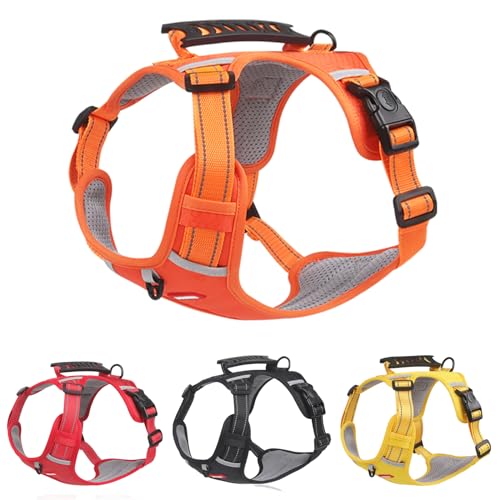 RC GearPro Kein Zug Hund Weste Geschirre - Reflektierend mit 2 Leinenclips Einstellbar Weich gepolstert Welpengeschirr Haustier Weste mit Griff für kleine mittlere und große Hunde (Orange, L) von RC GearPro