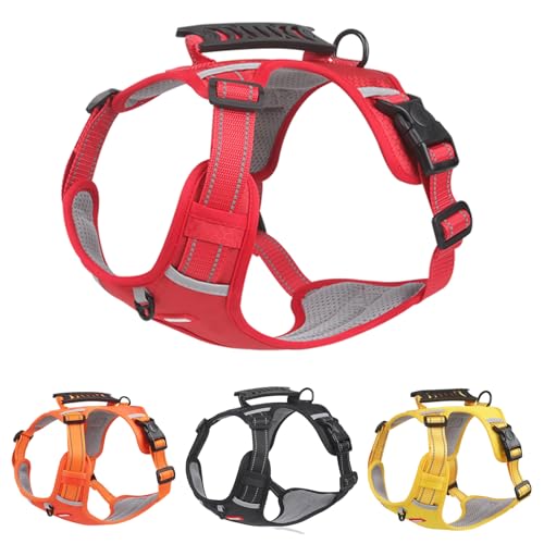 RC GearPro Kein Zug Hund Weste Geschirre - Reflektierend mit 2 Leinenclips Einstellbar Weich gepolstert Welpengeschirr Haustier Weste mit Griff für kleine mittlere und große Hunde (Rot, XL) von RC GearPro