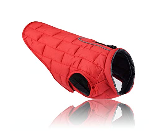 RC GearPro Reversible Hunde Jacke Hundemantel für kaltes Wetter, Wasserabweisende Haustierweste mit reflektierender Zierleiste Haustier Kleidung Draußen Anzug Winte Warm Daunenmantel (L, Rot) von RC GearPro