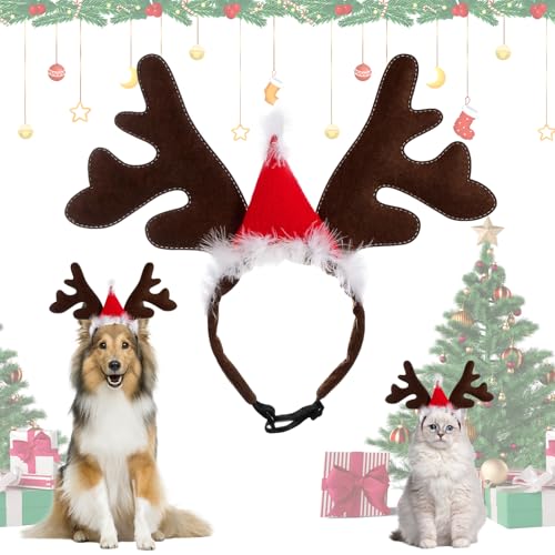 Weihnachten Haustier Stirnband, Rentier Haarreif Haustier, Haustier Kopfschmuck Haarreif, Haarreif mit Weihnachtsmütze, Geweih Weihnachtskostüm für Haustier Hund Geschenk von RCYHCY