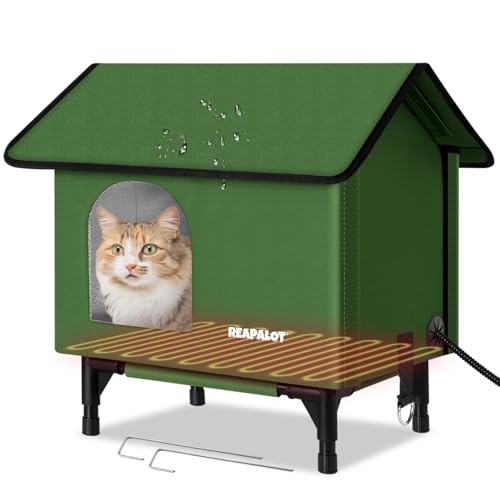 REAPALOT Beheiztes Katzenhaus für draußen im Winter, isolierter Wildkatzen-Unterschlupf mit Katzenheizkissen, erhöhtes beheiztes Kitty-Haus, 100% wasserdicht und winddicht - M von REAPALOT