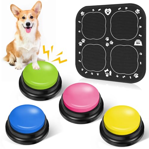 REAQUE Buzzer Mit Aufnahmefunktion, 4 Stück Buzzer mit Sound, Buzzer mit Gummimatte Sound Button für Hunde, Buzzer mit Aufnahmefunktion für die Interaktion mit Hunden von REAQUE