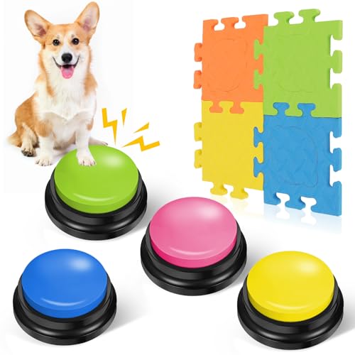 REAQUE Buzzer Mit Aufnahmefunktion, 4 Stück Buzzer mit Sound, Buzzer mit Puzzle-Matte Sound Button für Hunde, Buzzer mit Aufnahmefunktion für die Interaktion mit Hunden von REAQUE