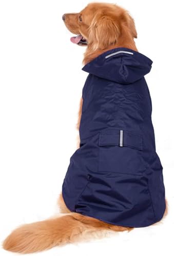 REBCACE Großer Hunde-Regenmantel, Reflektierend, Wasserfest, Einfarbig, Blau, 7 cm, 135 cm Brustumfang, Kapuze, Pull On, Praktisch, Herbst, Outdoor, Große Rassen, Erwachsener Hund, 1 Stück von REBCACE